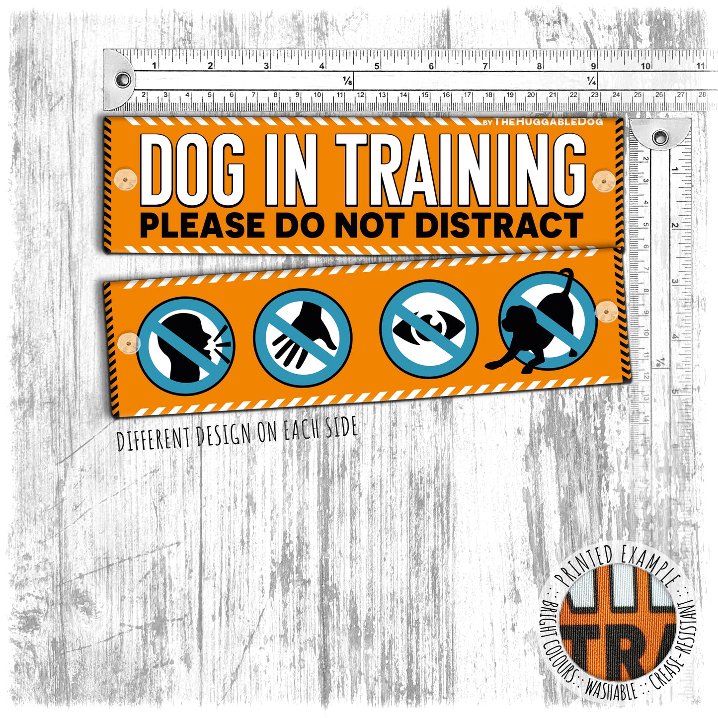 "Dog in TRAINING, do not distract". Leash sleeves for dog training.