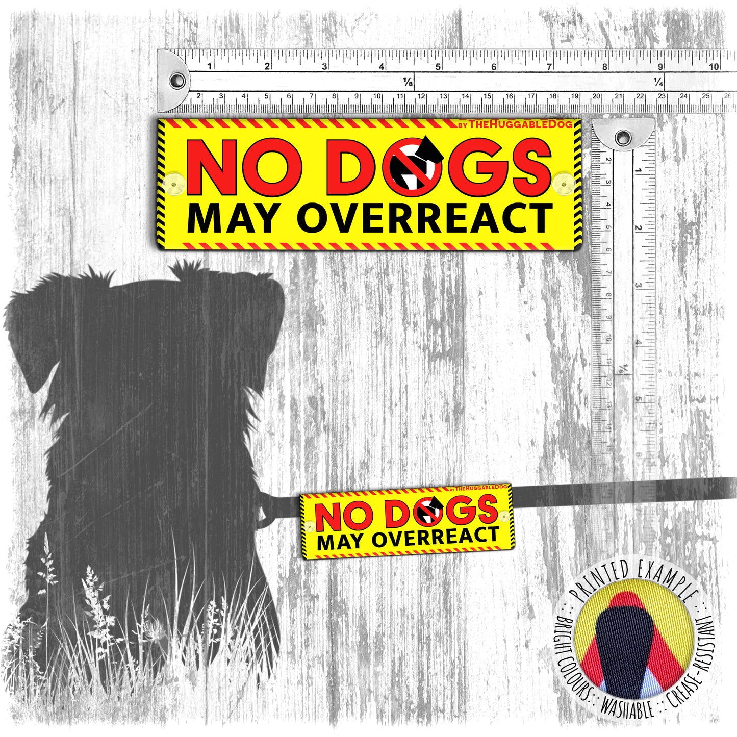 "NO DOGS, may overreact". Yellow Leash Sleeves for dogs.