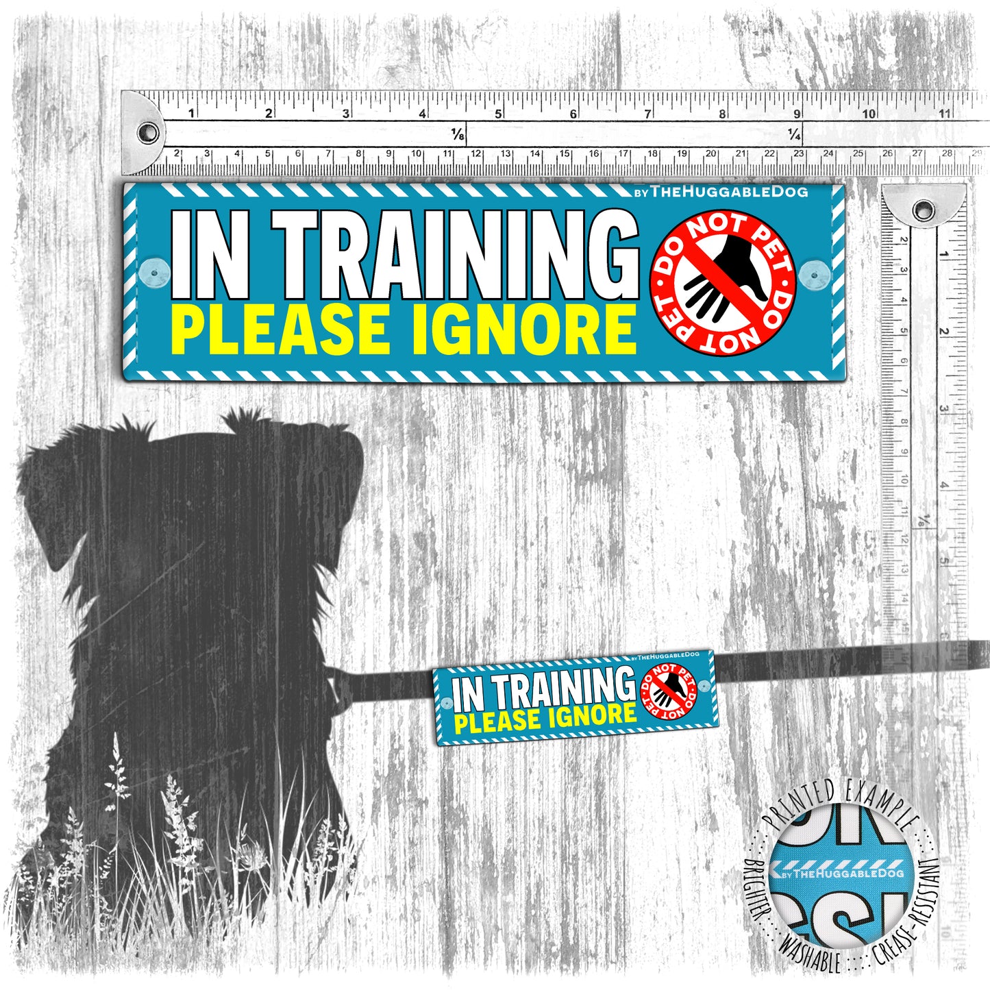 "IN TRAINING, please IGNORE", do not pet. Warning covers for dogs leashes.