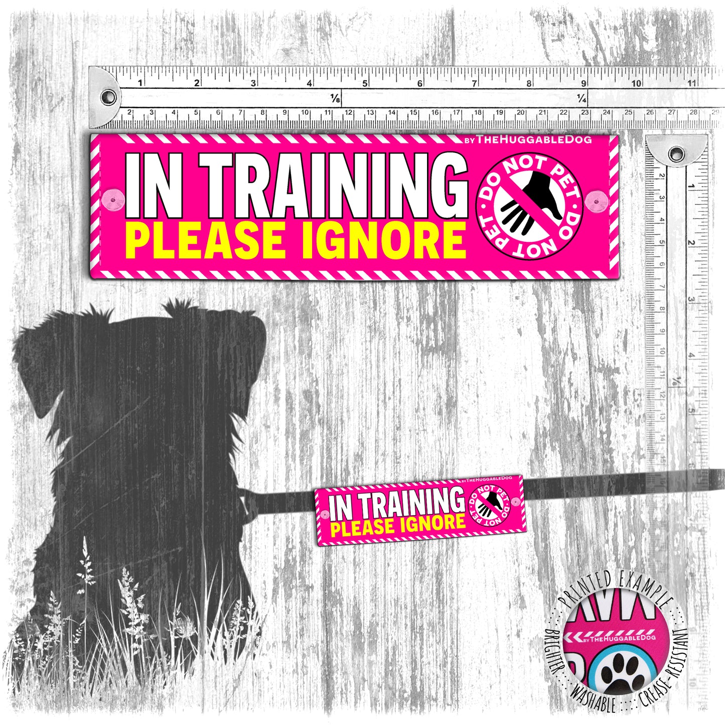 "IN TRAINING, please IGNORE", do not pet. Warning covers for dogs leashes.