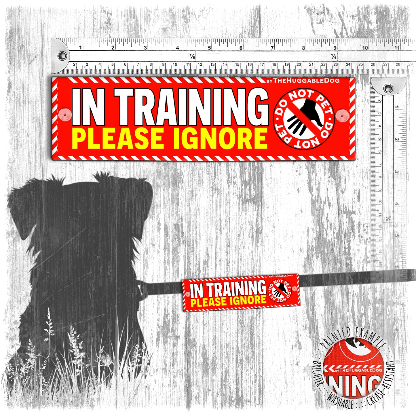 "IN TRAINING, please IGNORE", do not pet. Warning covers for dogs leashes.