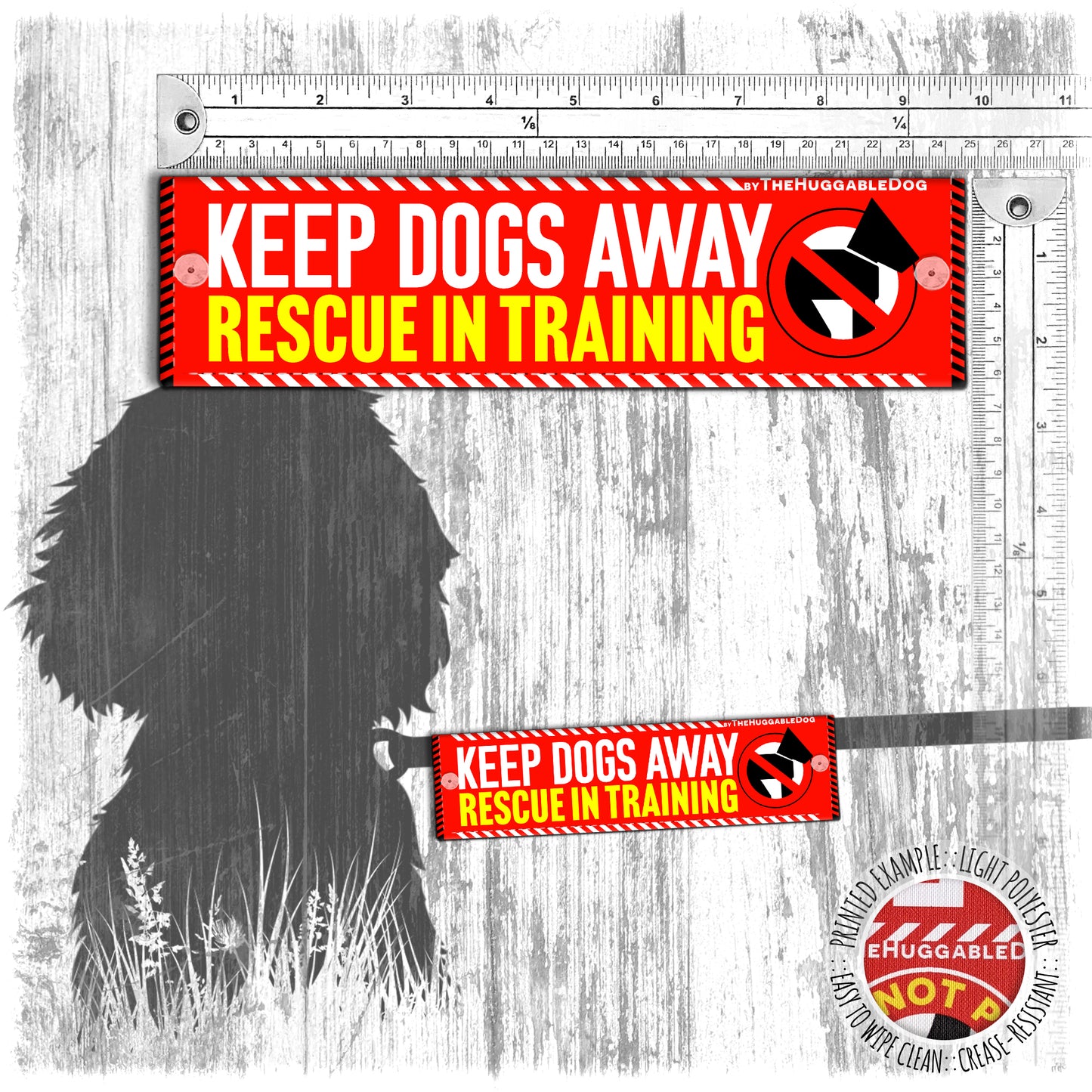 "Keep DOGS away, rescue in training". Leash sleeve for dogs.