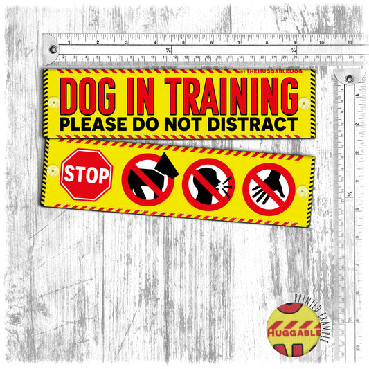 "Dog in training, please do not distract", plus signs. Leash sleeve for dog TRAINING.