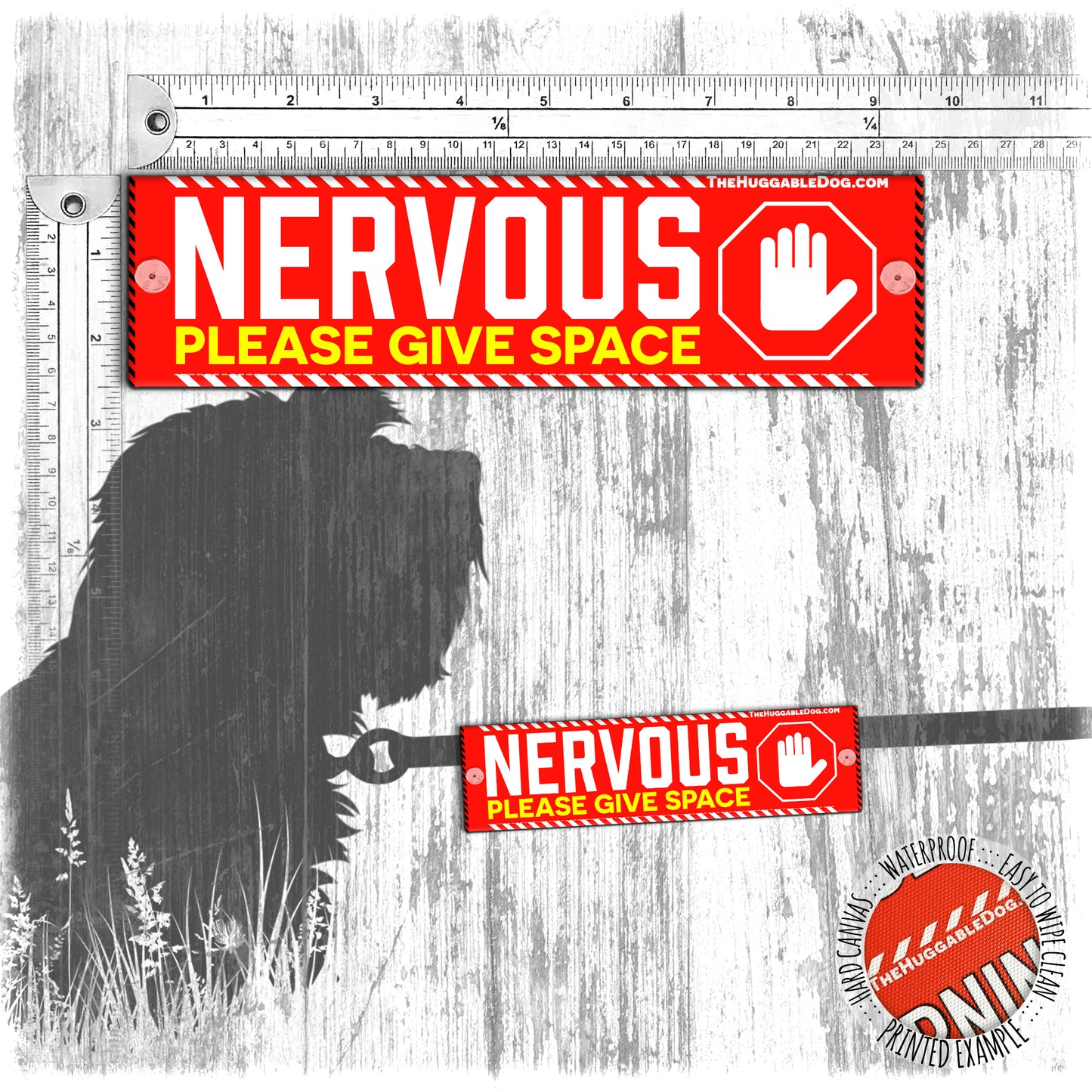 "NERVOUS, please give space". Warning covers for dogs leashes.
