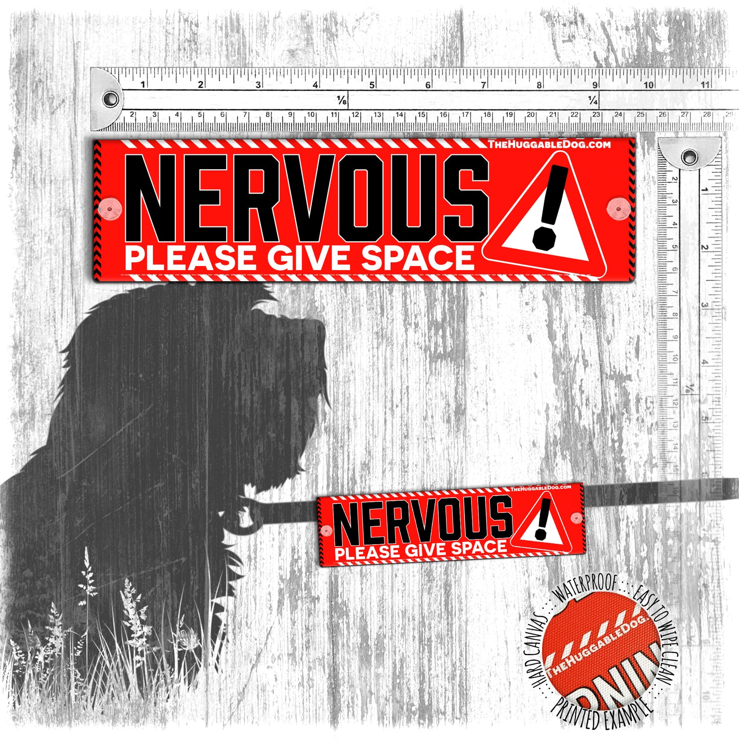 "NERVOUS! Please give SPACE". Warning leash sleeves for dog training.