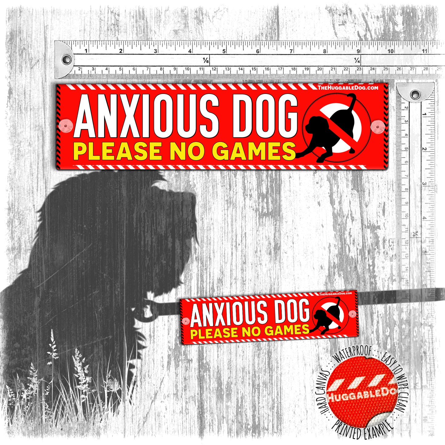 "ANXIOUS DOG, please no games". Warning leash sleeve for dogs.