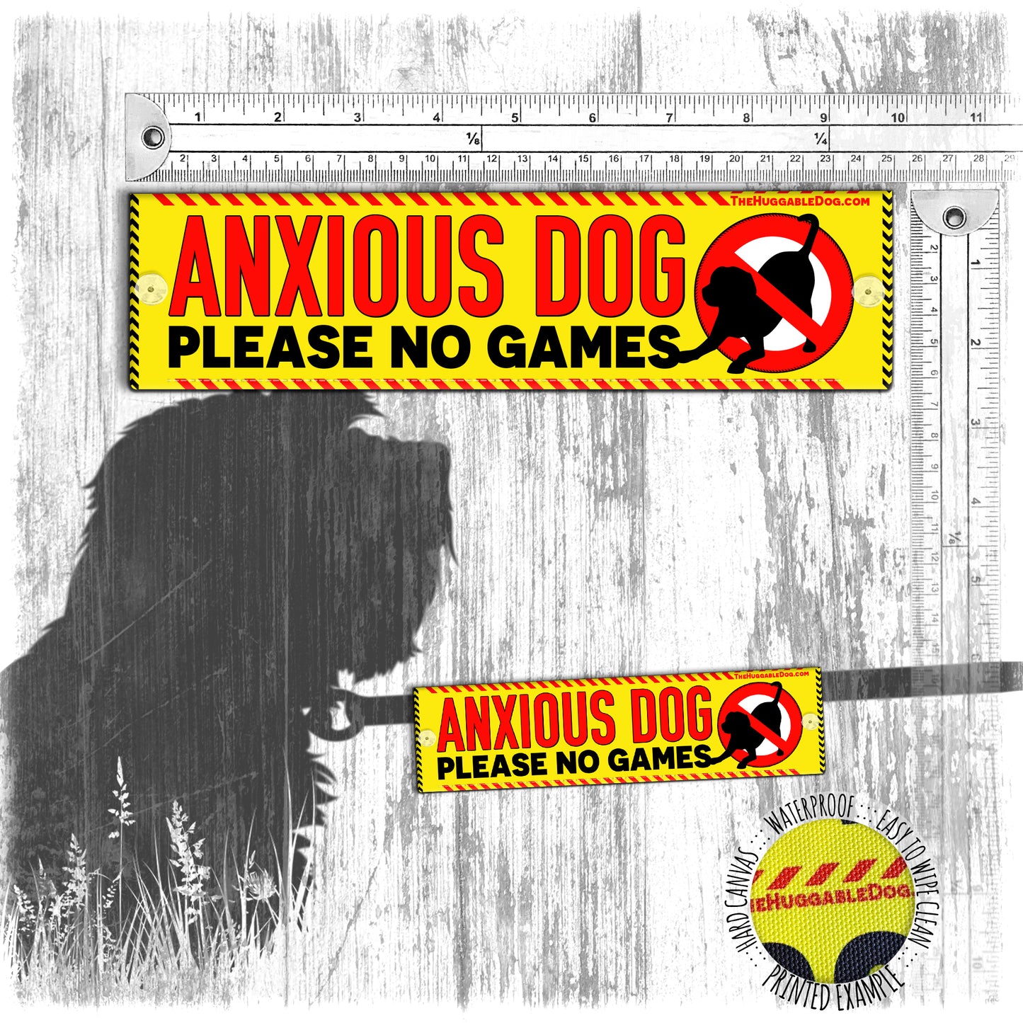 "ANXIOUS DOG, please no games". Warning leash sleeve for dogs.