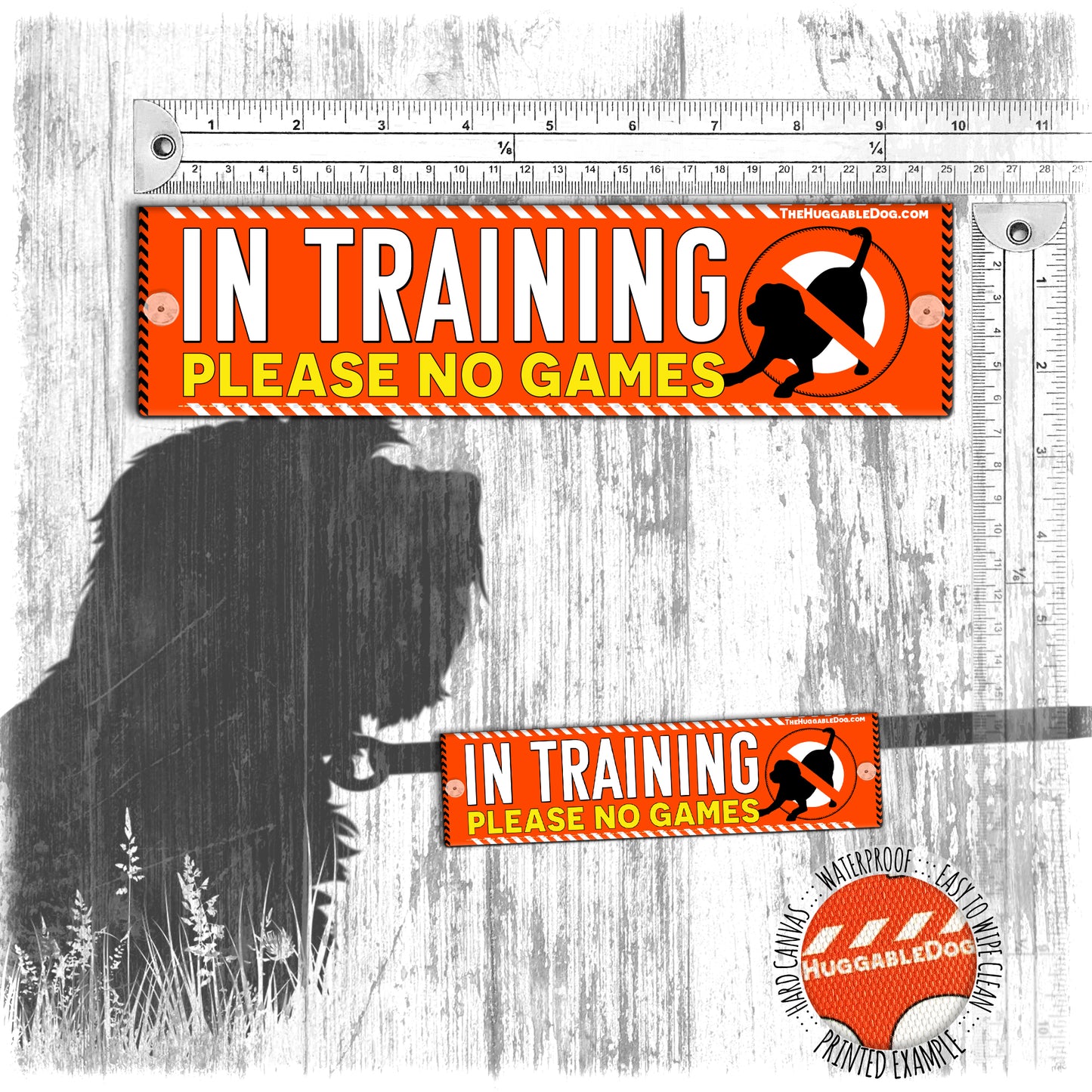 "IN TRAINING, please no games". Warning leash sleeve for shy dogs.