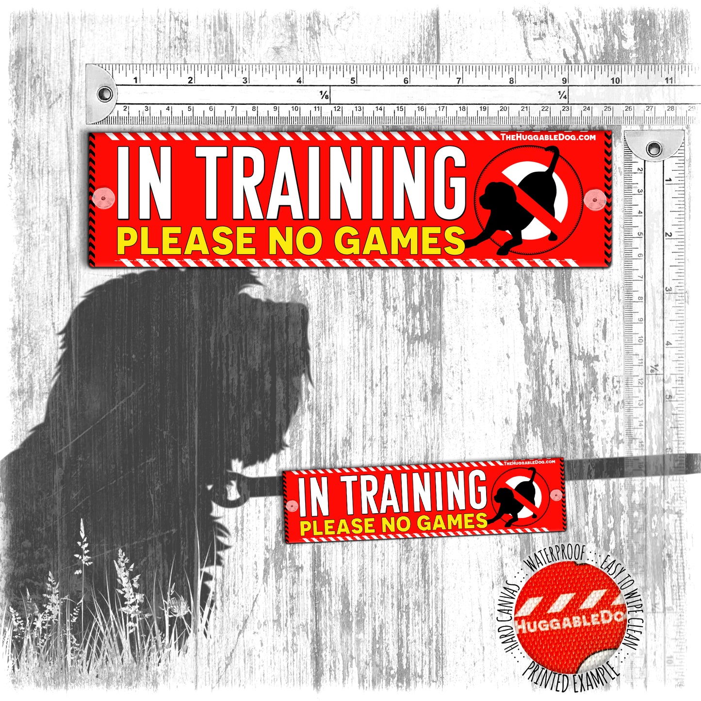 "IN TRAINING, please no games". Warning leash sleeve for shy dogs.