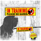 "IN TRAINING, please no games". Warning leash sleeve for shy dogs.