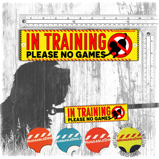 "IN TRAINING, please no games". Warning leash sleeve for shy dogs.