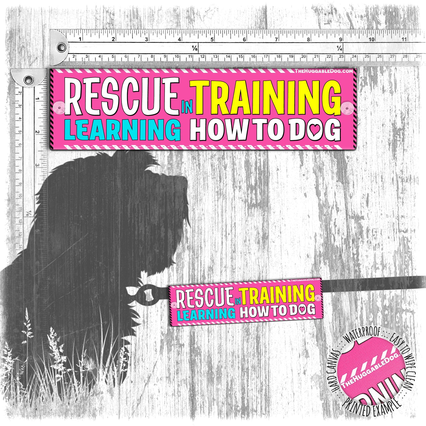 "Rescue in TRAINING, learning how to dog". Leash sleeve for dog training.