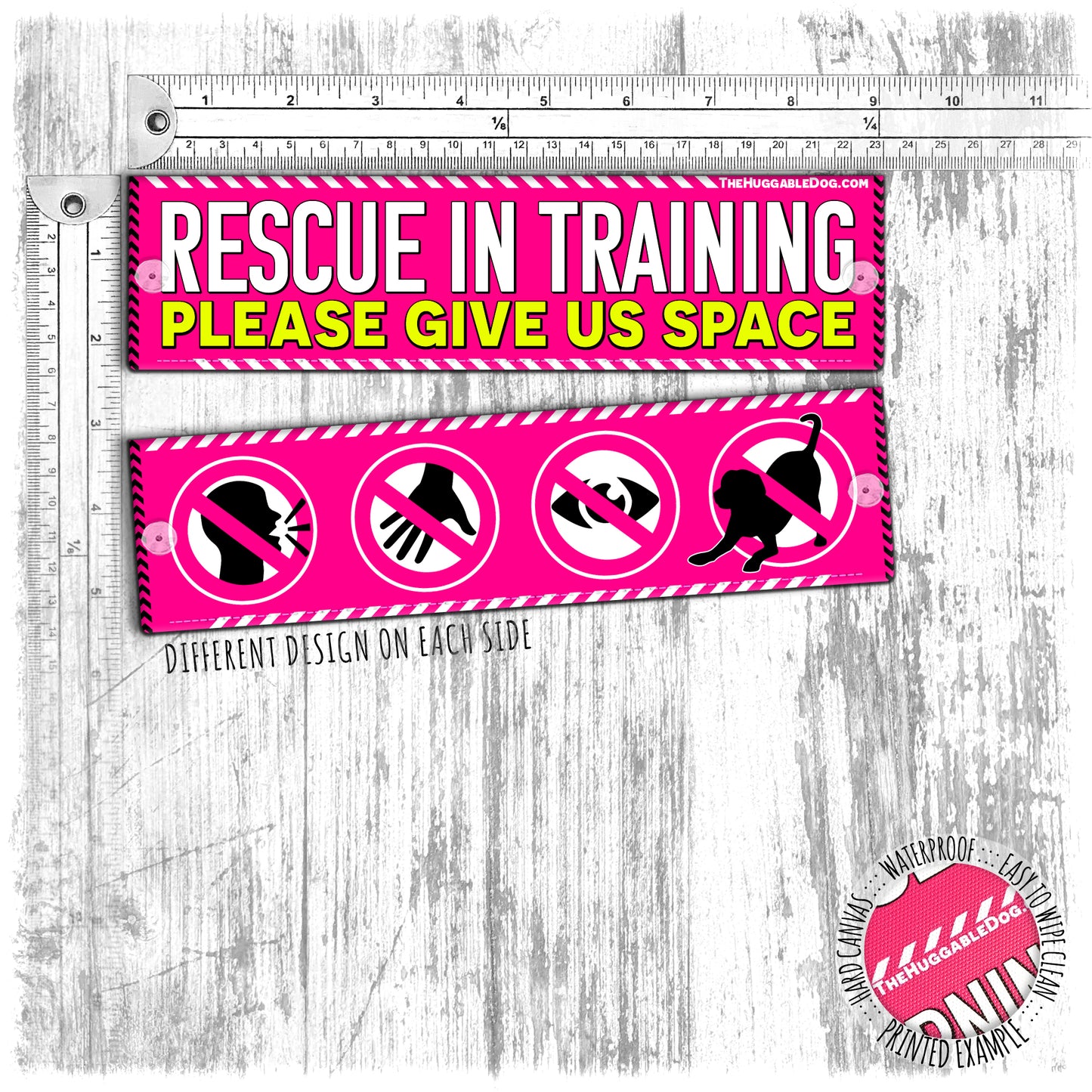 "Rescue in training, please give us space". SIGNS on the other side. Leash sleeve for dog training.