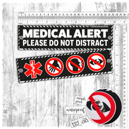 "MEDICAL ALERT, please do not distract". Plus signs on the other side. Leash sleeves.