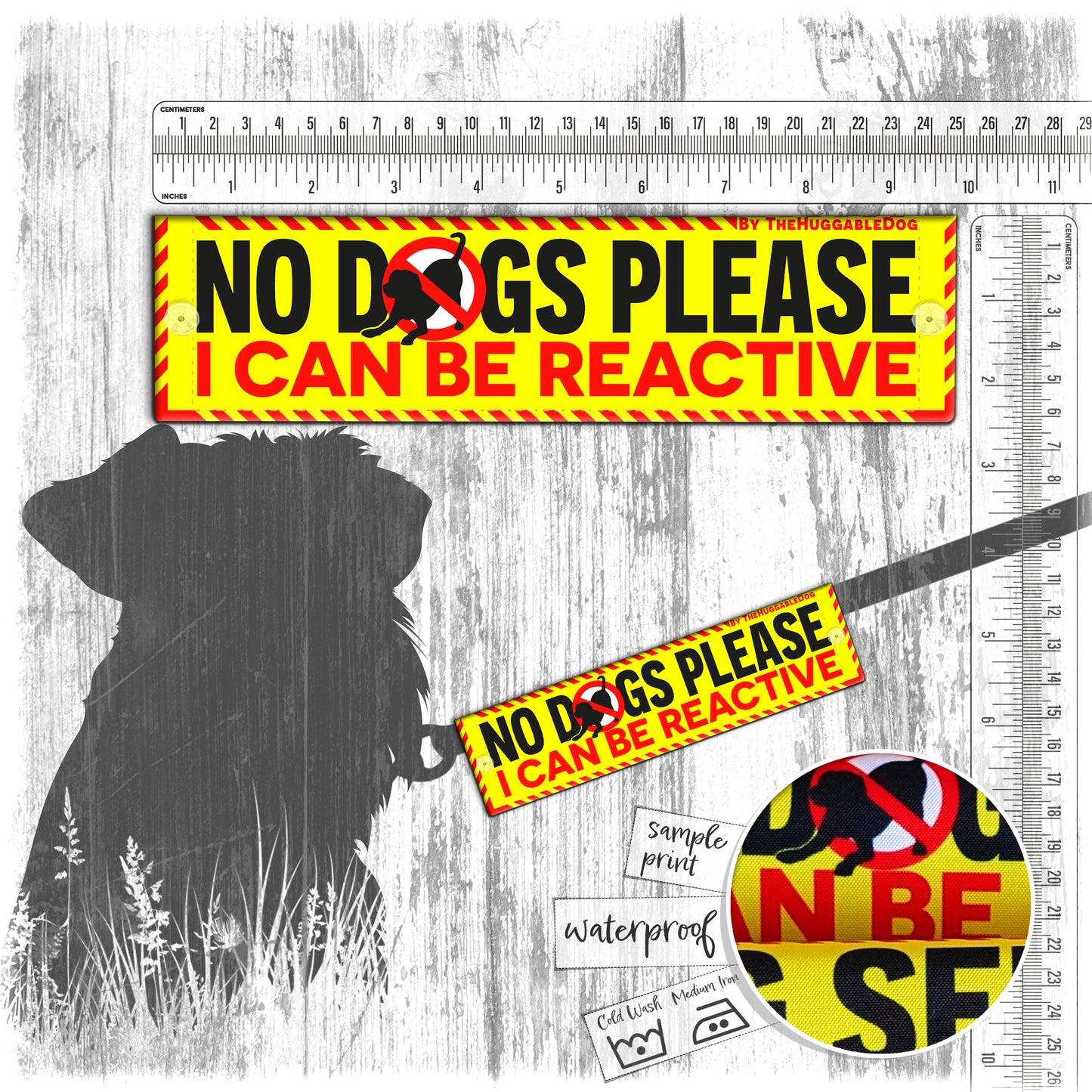 "NO DOGS PLEASE, I can be reactive". Warning leash sleeves for dog training.