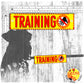 "TRAINING", do not pet sign. Warning leash sleeves for dog training.