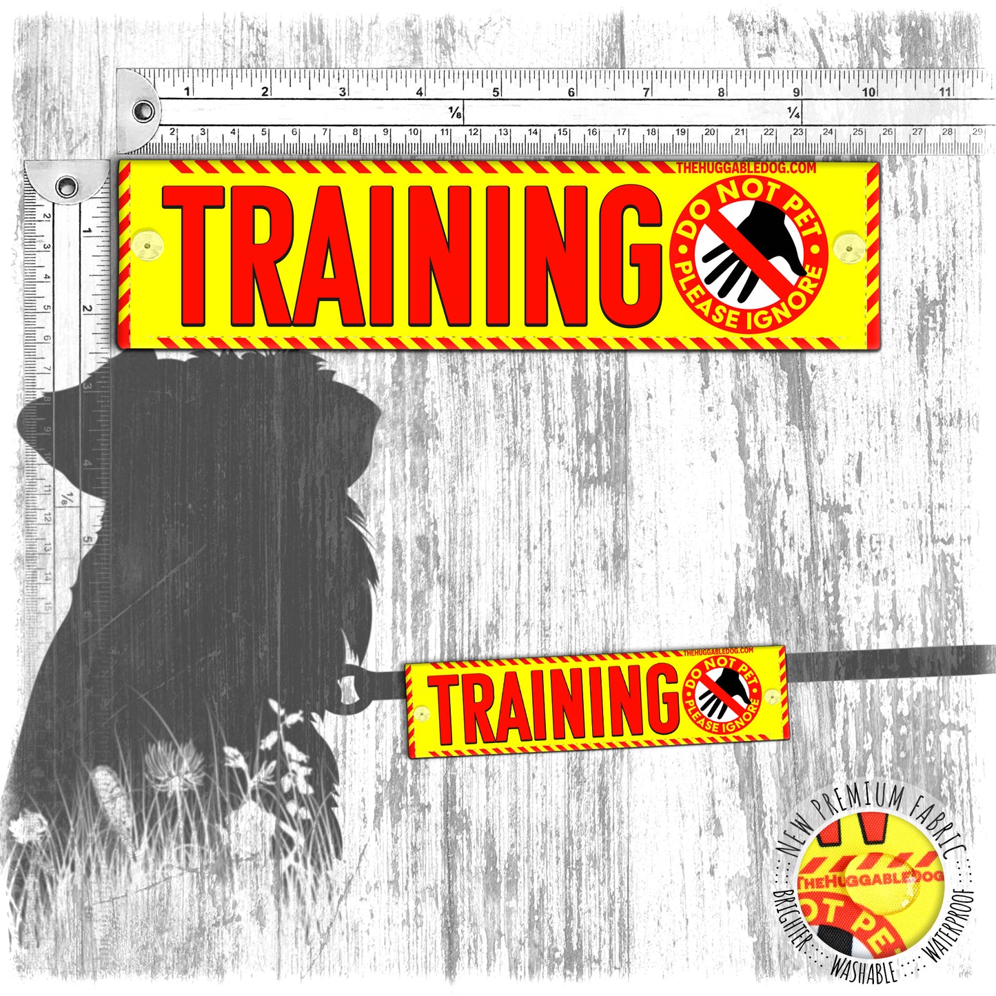 "TRAINING", do not pet sign. Warning leash sleeves for dog training.