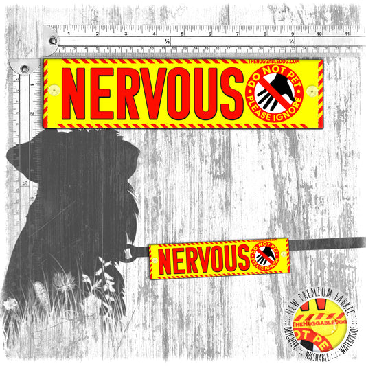 "NERVOUS", do not pet sign. Warning leash sleeves for dog training.