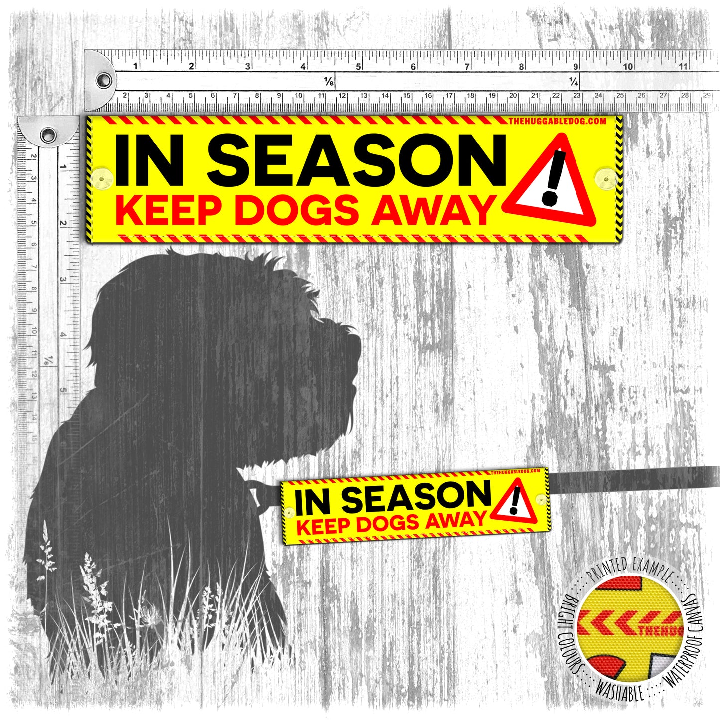 "In SEASON, keep dogs away". Leash sleeve for dogs.