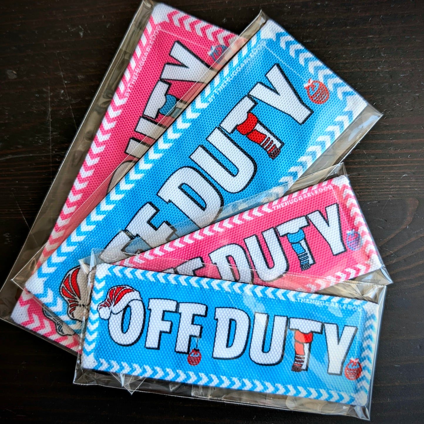 "Off Duty". Patches for dog harnesses. Supplied as a SINGLE item so you can mix and match.