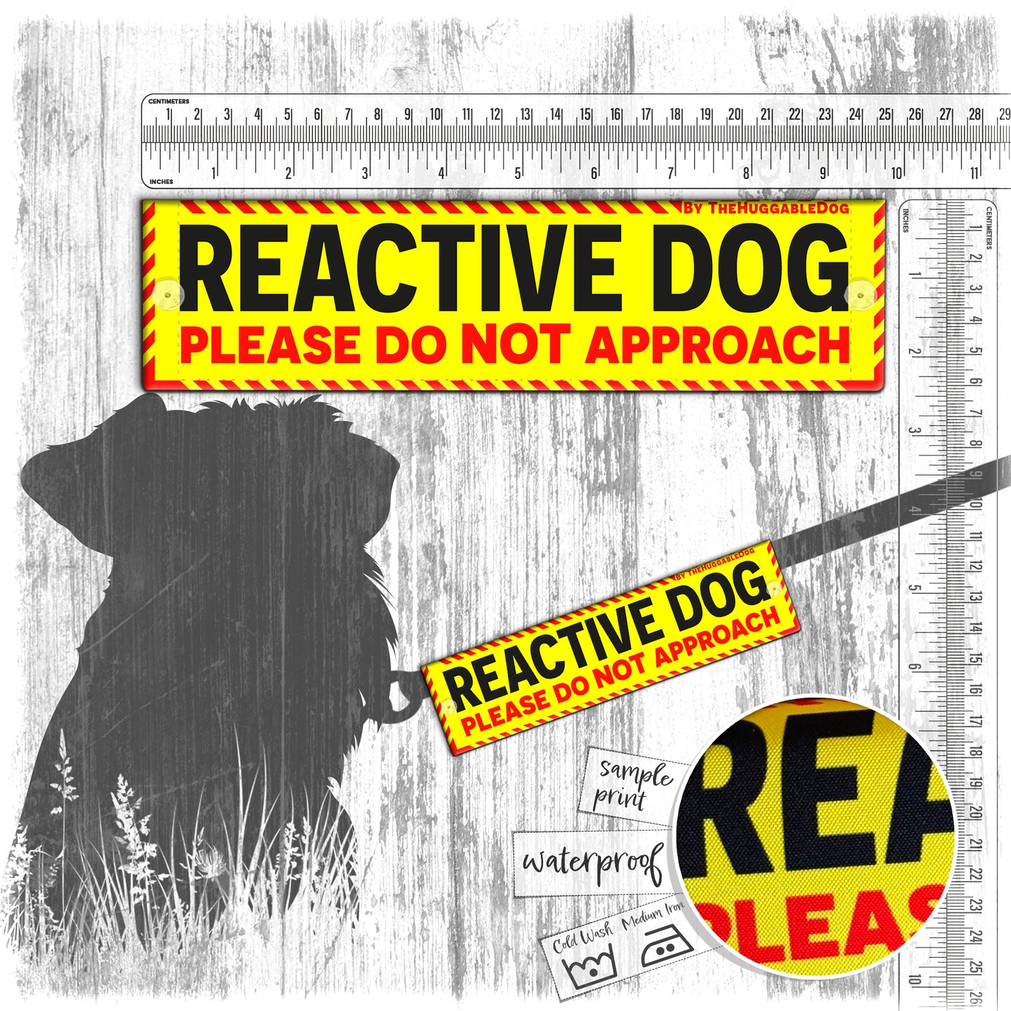 "REACTIVE DOG, please do NOT approach". Warning leash sleeves for dog training.