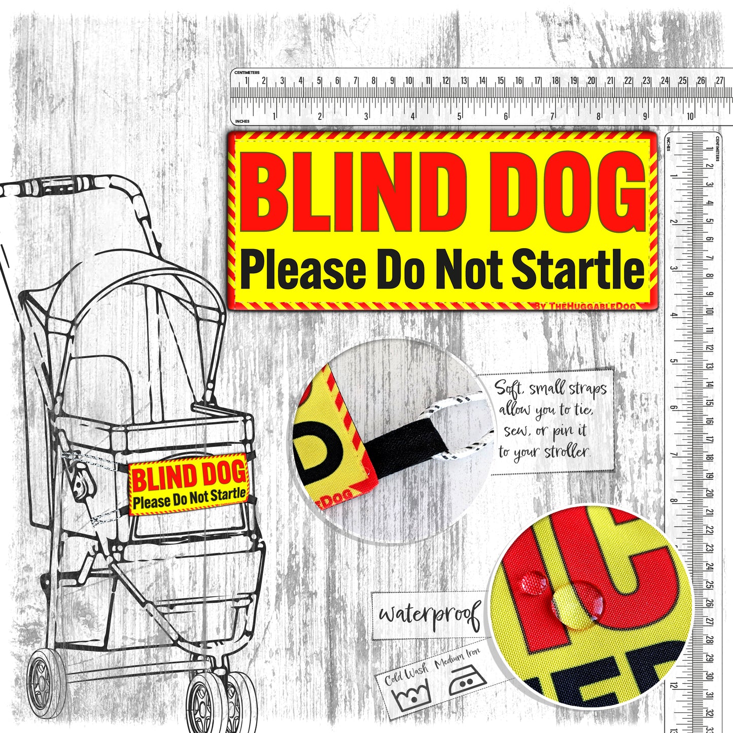 "Blind dog, please do not startle". Dog stroller sign.