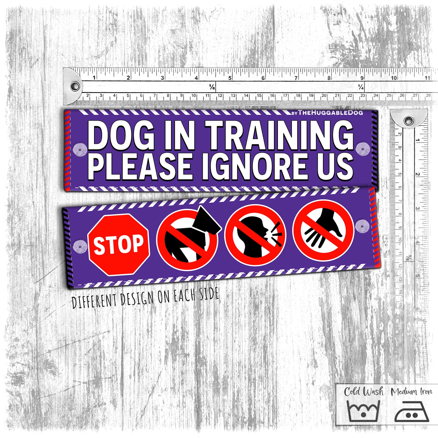 "Dog IN TRAINING, please ignore us" plus signs. Leash sleeve for dog training.