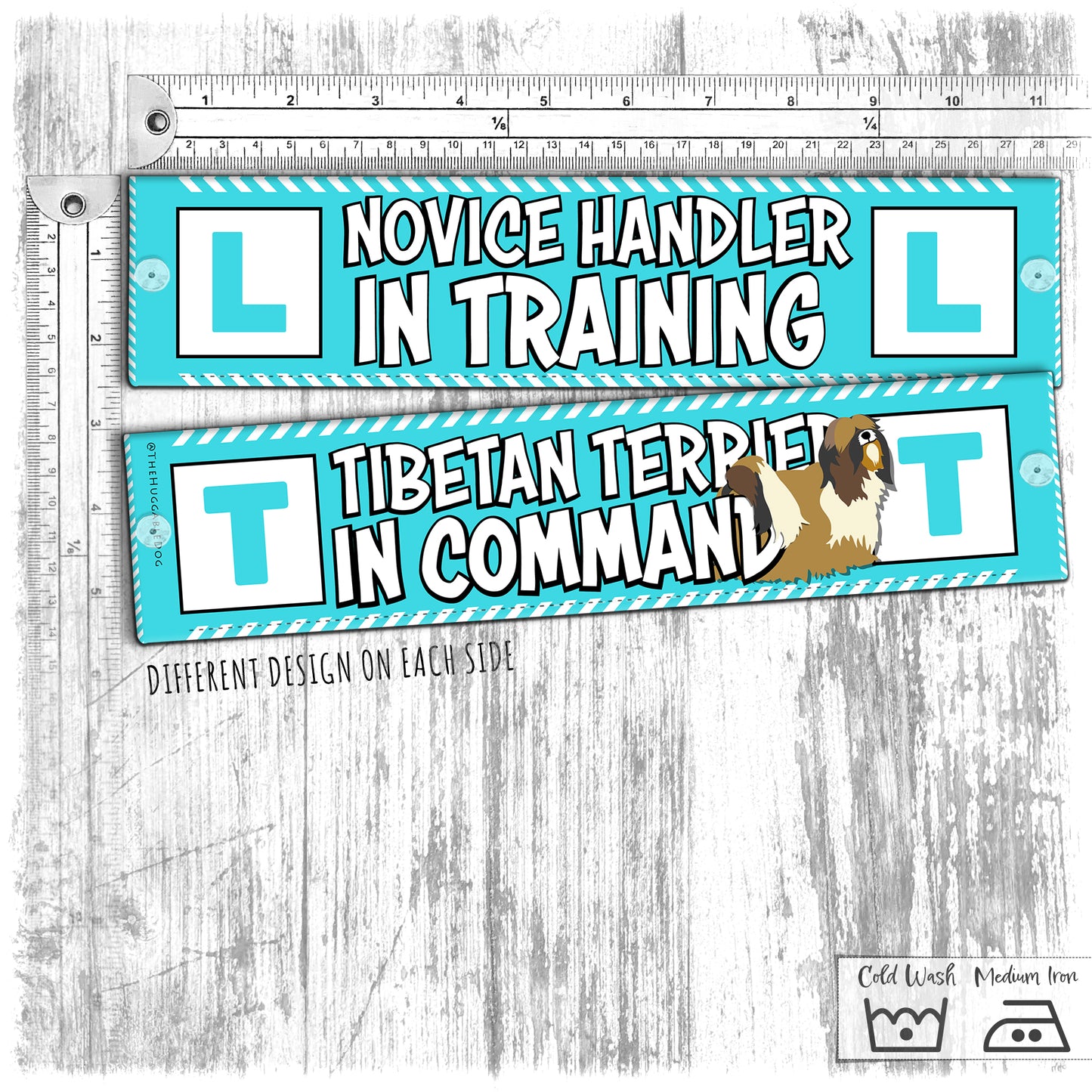 "NOVICE handler in training, TIBETAN TERRIER in command". Leash sleeves. TT special.