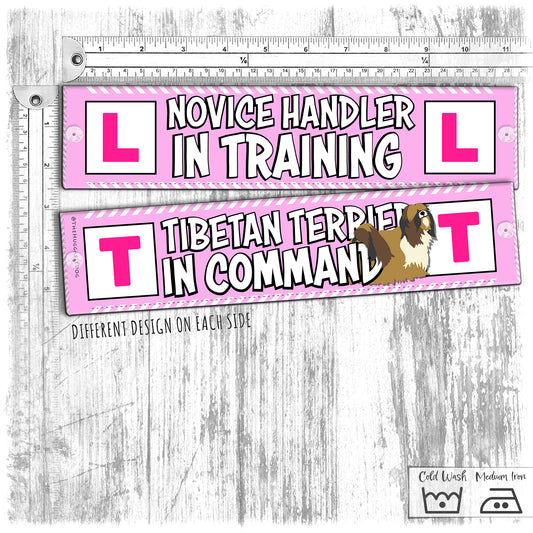 "NOVICE handler in training, TIBETAN TERRIER in command". Leash sleeves. TT special.