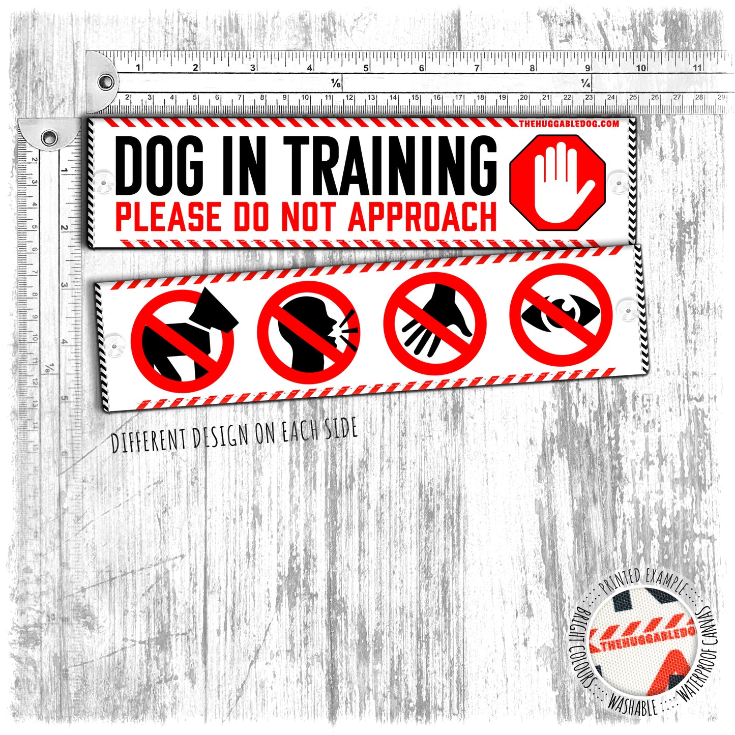 "Dog in TRAINING, please do not approach" plus signs. Leash sleeve for dog training.