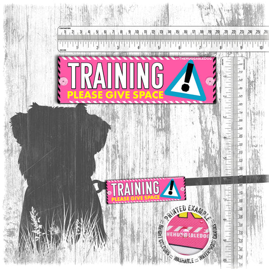 "TRAINING, please give space". Pink mini Leash sleeve for dog training.