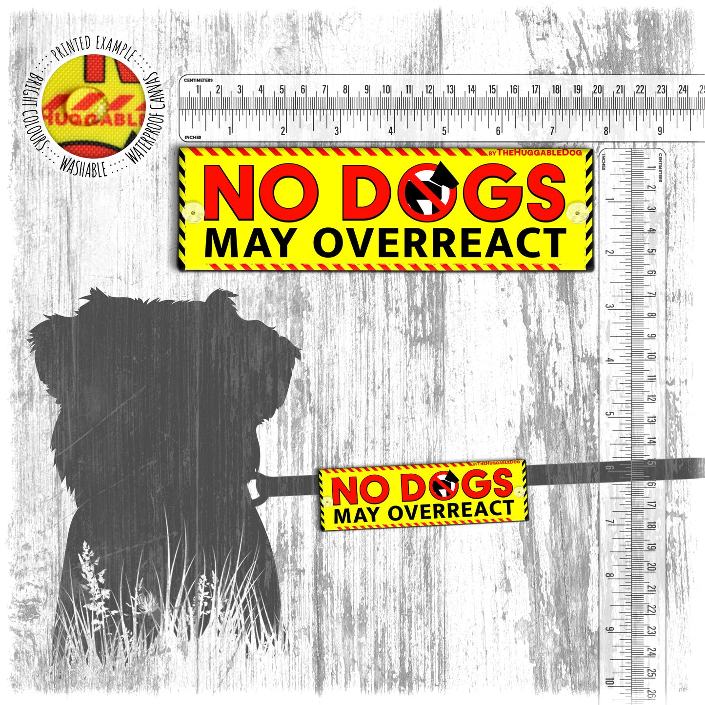 "No dogs, may OVERREACT". Mini warning leash sleeves for dogs.