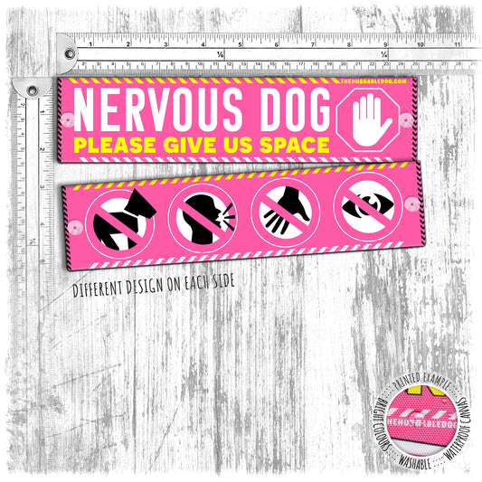 "NERVOUS dog, please give us SPACE" plus signs. Leash sleeve for dogs.