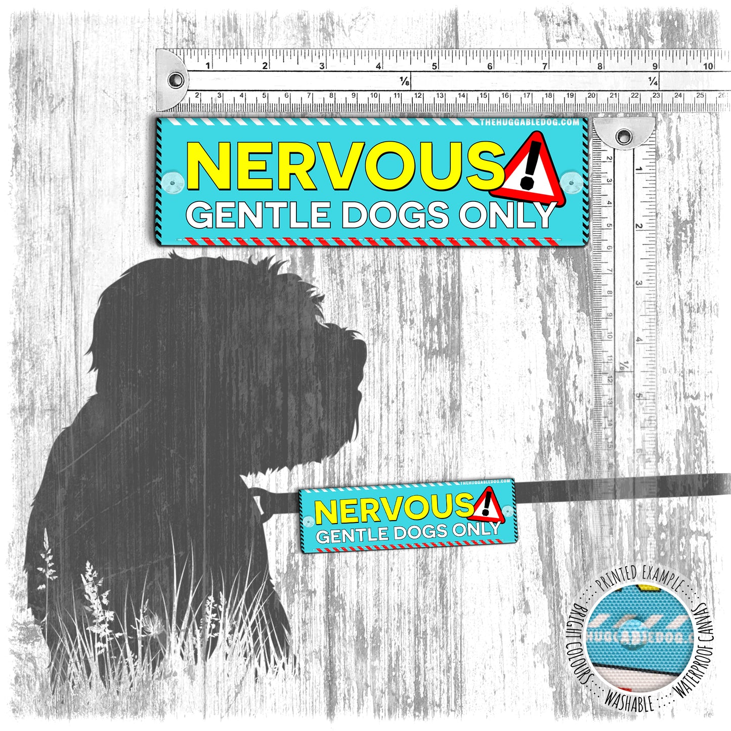 "NERVOUS! Gentle dogs only". Mini leash sleeve for dogs.