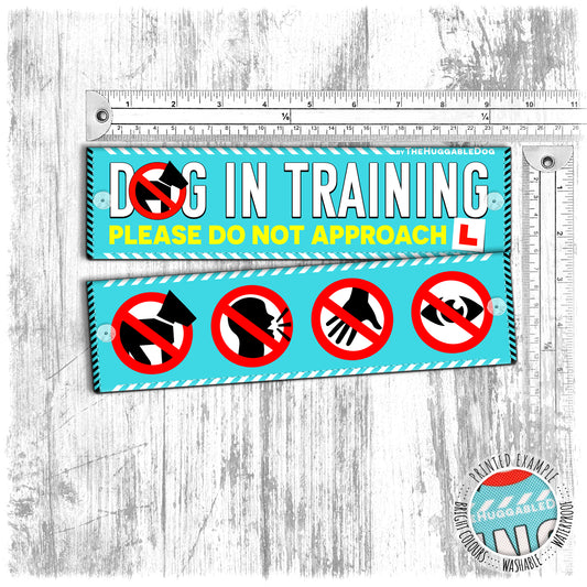 "Dog in training, please do not approach" plus signs. Leash sleeve for dog training.