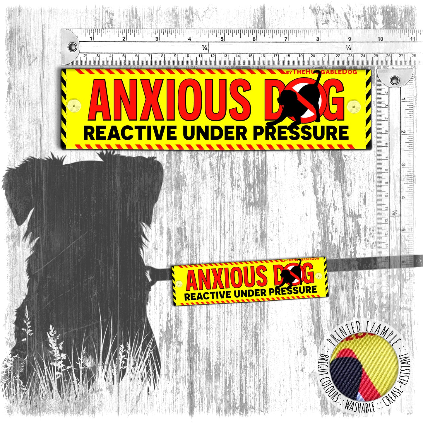 "ANXIOUS dog, reactive under pressure". Warning covers for dogs leashes. Yellow leash sleeves.