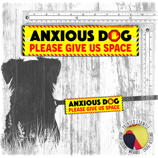 "ANXIOUS dog, please give us space". Warning covers for dogs leashes. Yellow leash sleeves.
