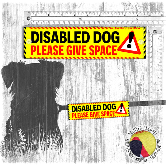 "DISABLED DOG, please give space". Warning covers for dogs leashes. Yellow leash sleeves.