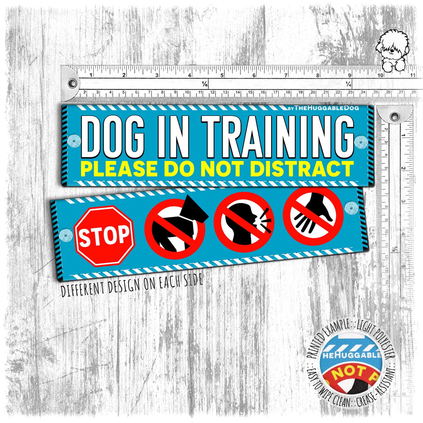 "Dog in training, DO NOT DISTRACT" plus signs. Leash sleeve for dog TRAINING.