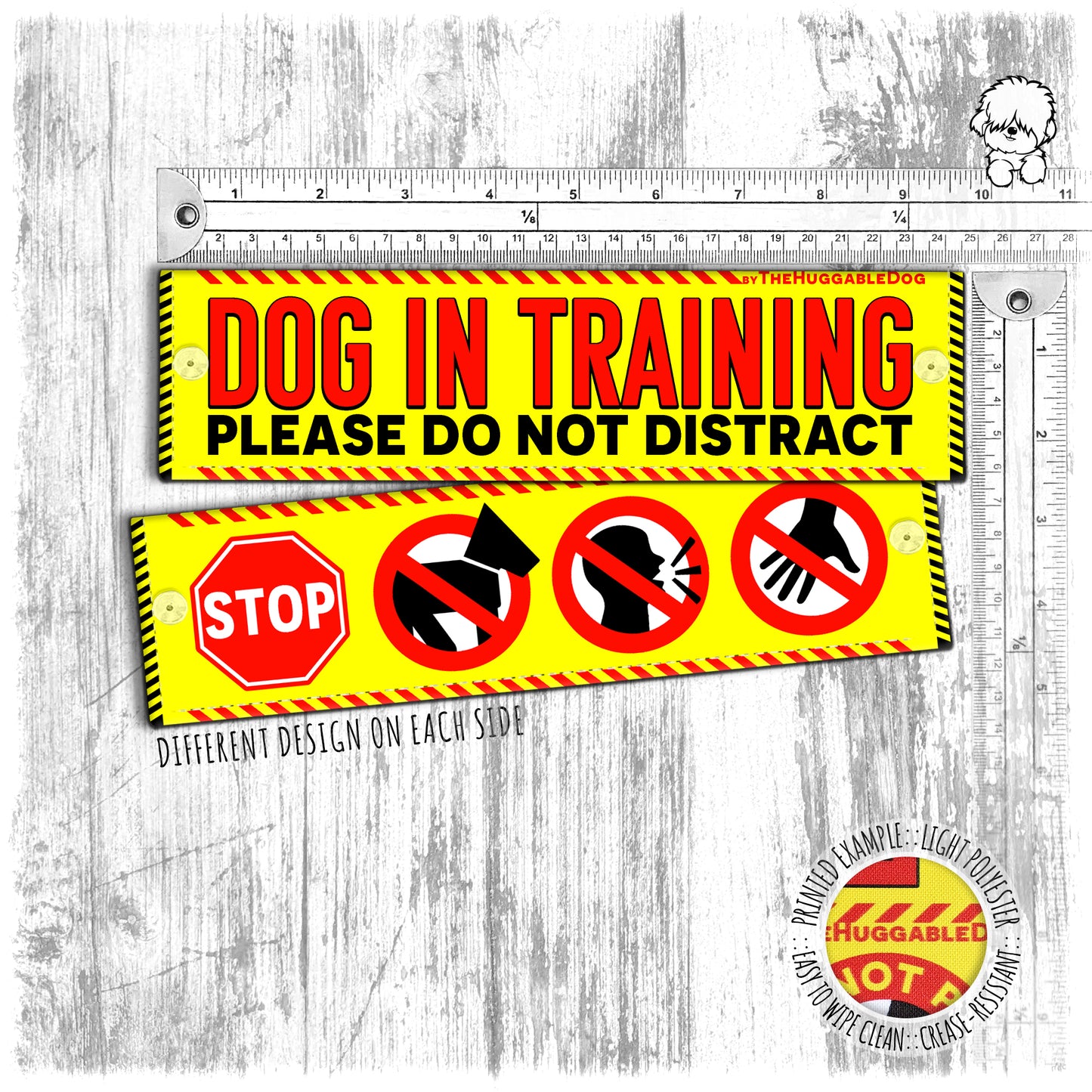 "Dog in training, DO NOT DISTRACT" plus signs. Leash sleeve for dog TRAINING.